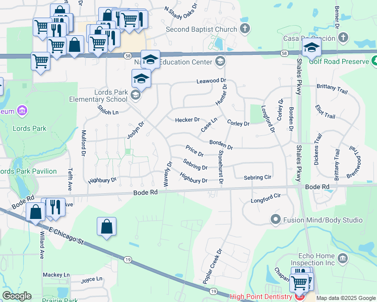 map of restaurants, bars, coffee shops, grocery stores, and more near 1107 Price Drive in Elgin