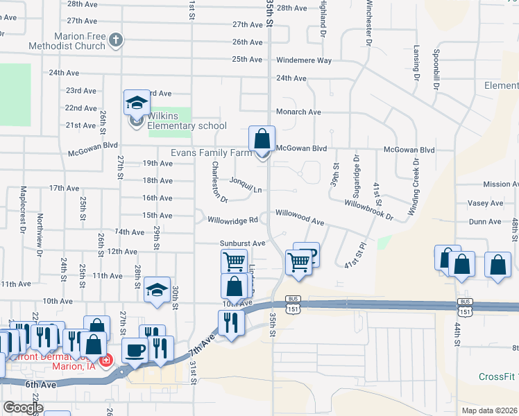 map of restaurants, bars, coffee shops, grocery stores, and more near 3490 Willowridge Road in Marion
