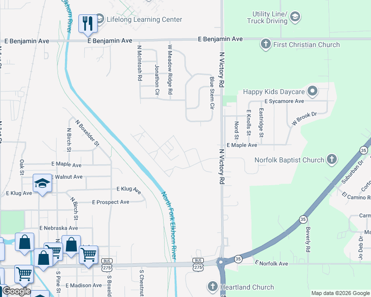 map of restaurants, bars, coffee shops, grocery stores, and more near 806 Blue Stem Circle in Norfolk