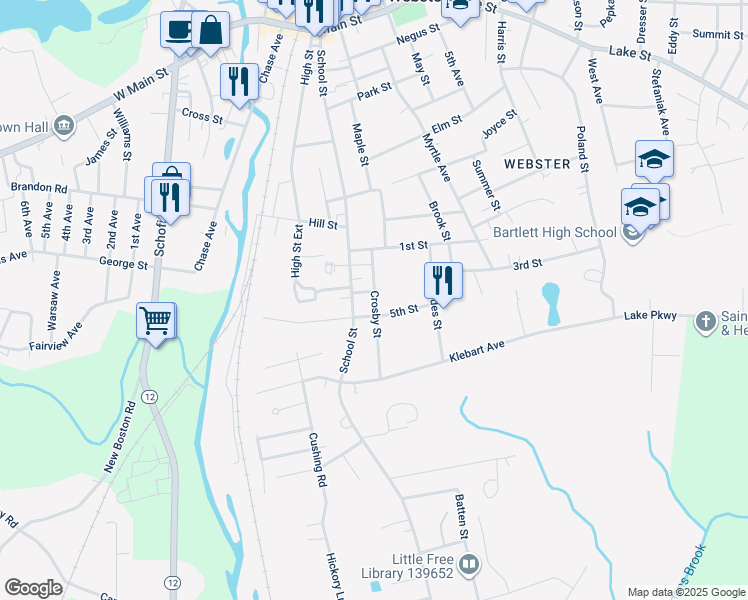 map of restaurants, bars, coffee shops, grocery stores, and more near 19 Crosby Street in Webster