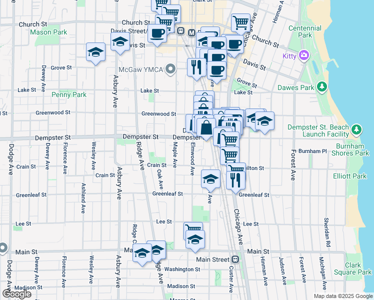 map of restaurants, bars, coffee shops, grocery stores, and more near 1228 Elmwood Avenue in Evanston