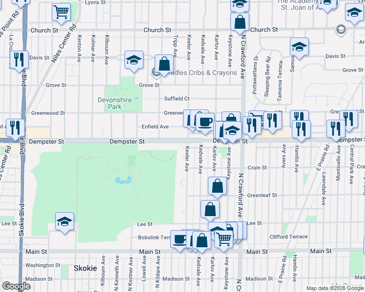 map of restaurants, bars, coffee shops, grocery stores, and more near 8750 Keeler Avenue in Skokie