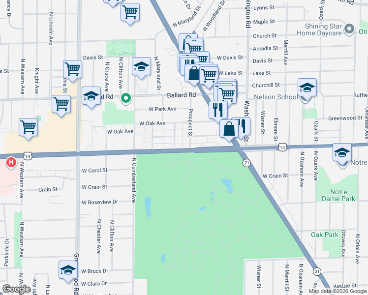 map of restaurants, bars, coffee shops, grocery stores, and more near 8800 North Prospect Street in Niles