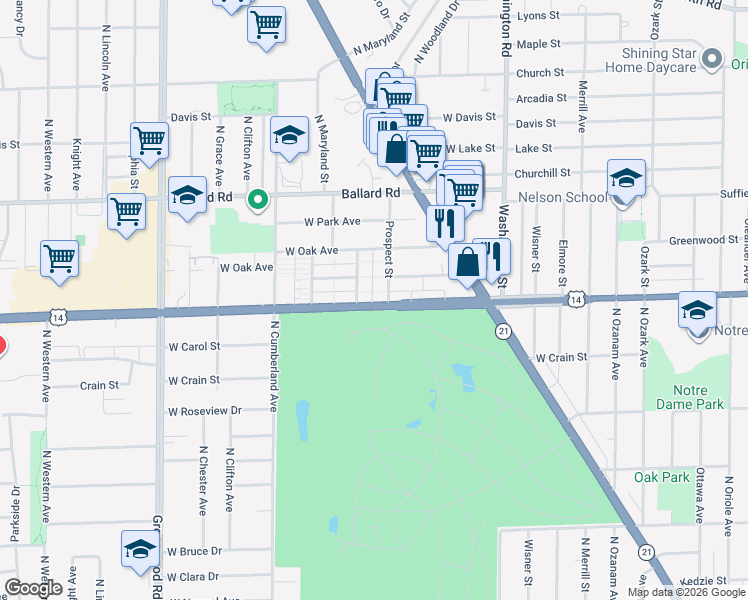 map of restaurants, bars, coffee shops, grocery stores, and more near 8800 North Prospect Street in Niles