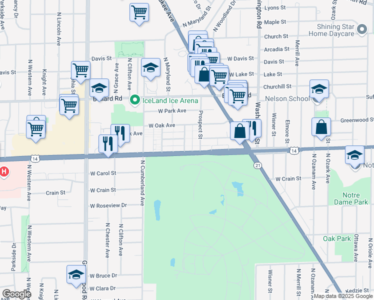 map of restaurants, bars, coffee shops, grocery stores, and more near 8256 West Dempster Street in Niles