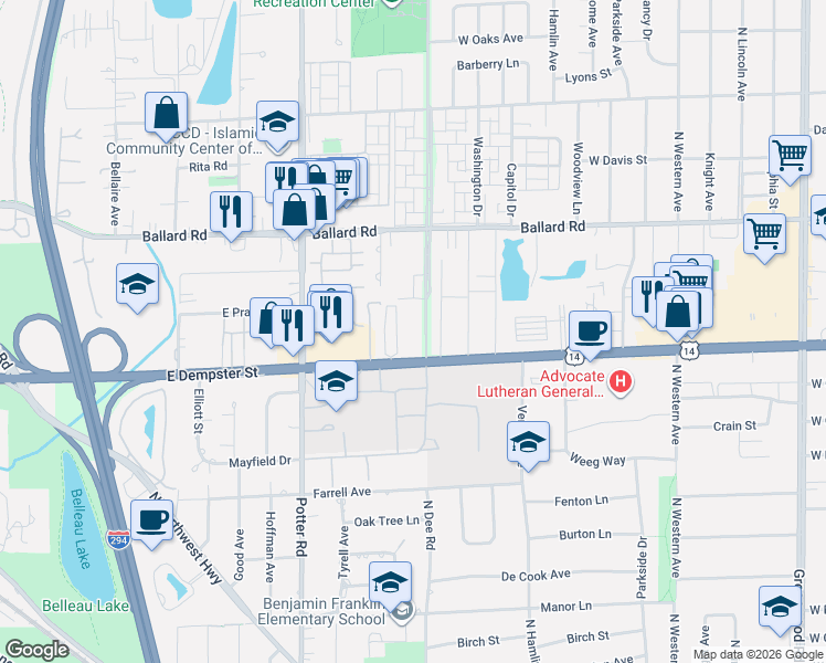 map of restaurants, bars, coffee shops, grocery stores, and more near 8807 Dee Road in Des Plaines