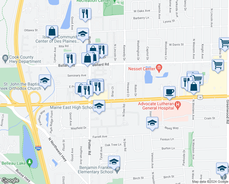 map of restaurants, bars, coffee shops, grocery stores, and more near 8810 Briar Court in Des Plaines