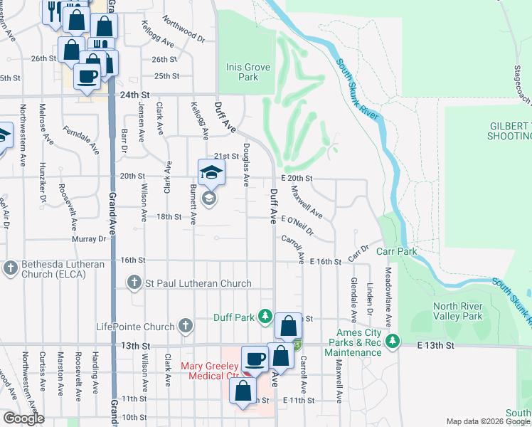 map of restaurants, bars, coffee shops, grocery stores, and more near 1808 Duff Avenue in Ames