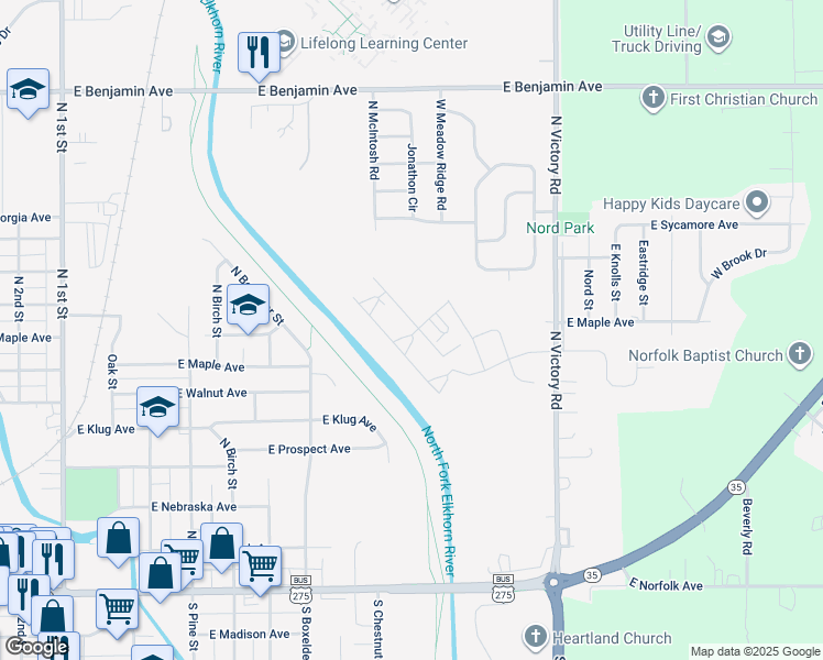 map of restaurants, bars, coffee shops, grocery stores, and more near 900 Blue Stem Circle in Norfolk