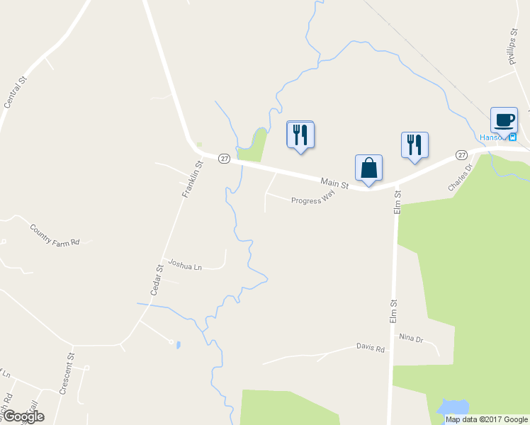 map of restaurants, bars, coffee shops, grocery stores, and more near 52 Brookside Drive in Hanson