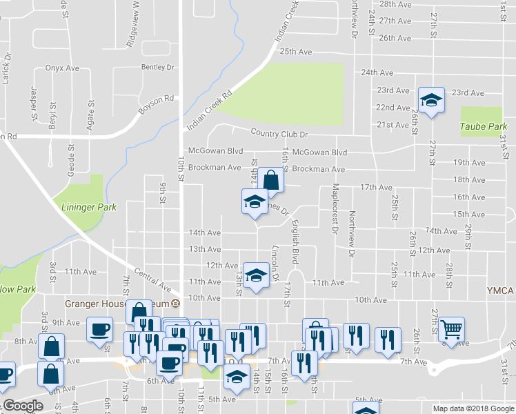 map of restaurants, bars, coffee shops, grocery stores, and more near 1405 James Drive in Marion