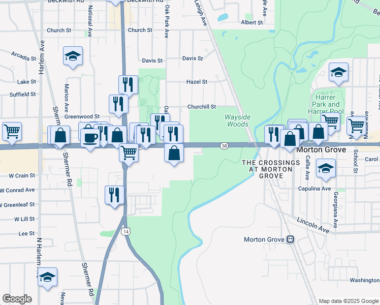 map of restaurants, bars, coffee shops, grocery stores, and more near 6711 Dempster Street in Morton Grove