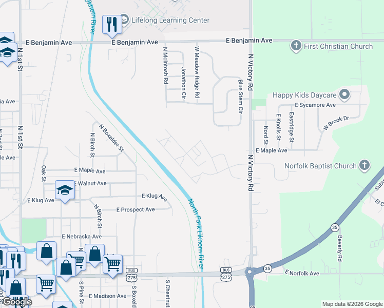 map of restaurants, bars, coffee shops, grocery stores, and more near 900 Blue Stem Circle in Norfolk