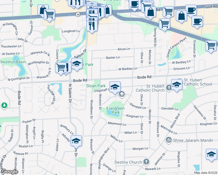 map of restaurants, bars, coffee shops, grocery stores, and more near 660 Flagstaff Lane in Hoffman Estates