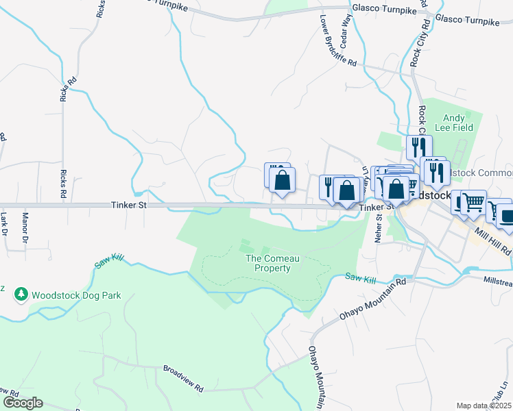 map of restaurants, bars, coffee shops, grocery stores, and more near 151 Tinker Street in Woodstock