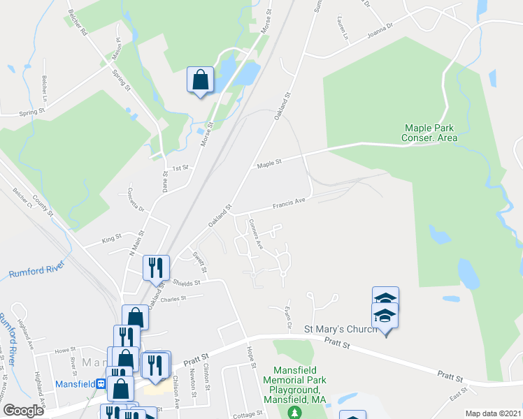 map of restaurants, bars, coffee shops, grocery stores, and more near Francis Avenue in Mansfield