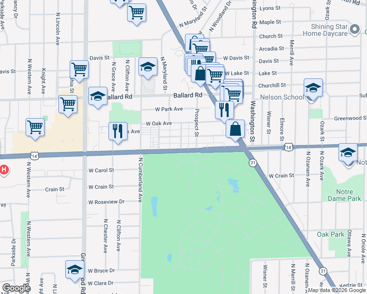 map of restaurants, bars, coffee shops, grocery stores, and more near 8256 West Dempster Street in Niles