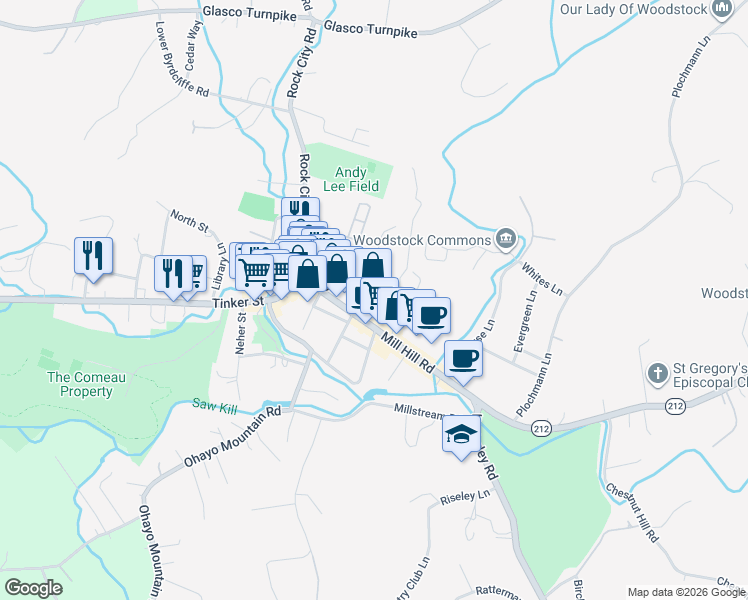 map of restaurants, bars, coffee shops, grocery stores, and more near 7 Elwyn Lane in Woodstock