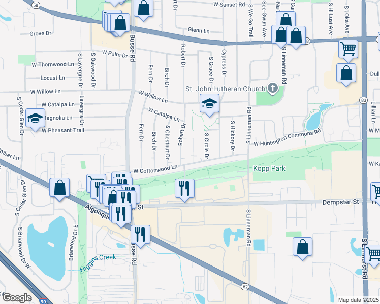 map of restaurants, bars, coffee shops, grocery stores, and more near 1420 Redwood Drive in Mount Prospect