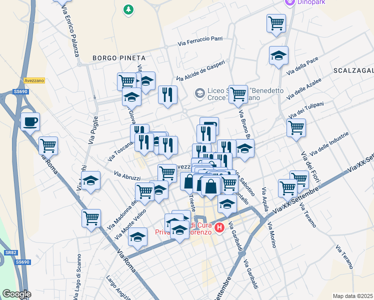 map of restaurants, bars, coffee shops, grocery stores, and more near Via Vincenzo Falcone in Avezzano