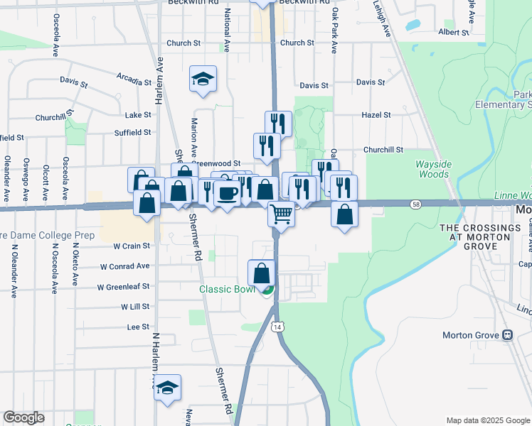 map of restaurants, bars, coffee shops, grocery stores, and more near 6941 Dempster Street in Morton Grove