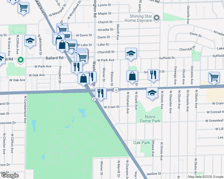 map of restaurants, bars, coffee shops, grocery stores, and more near Dempster St & Elmore St in Niles