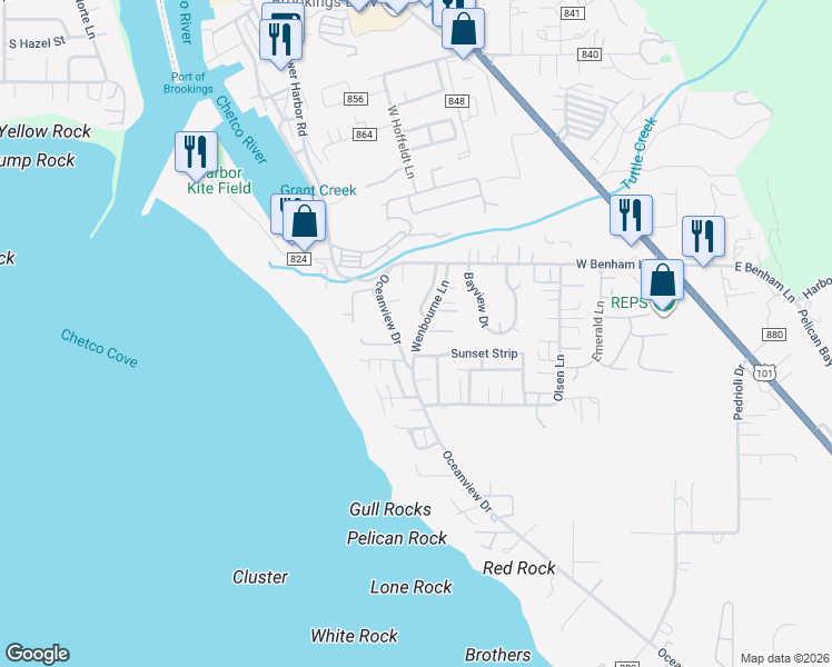 map of restaurants, bars, coffee shops, grocery stores, and more near 15924 Wenbourne Lane in Brookings