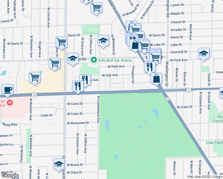 map of restaurants, bars, coffee shops, grocery stores, and more near 8280 West Dempster Street in Niles