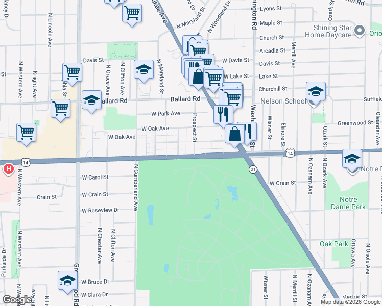 map of restaurants, bars, coffee shops, grocery stores, and more near 8800 North Prospect Street in Niles