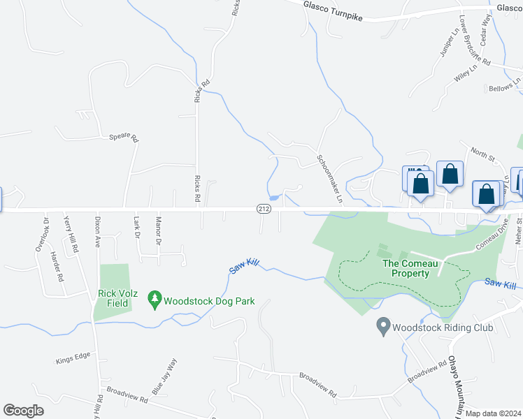 map of restaurants, bars, coffee shops, grocery stores, and more near Tinker Street in Woodstock