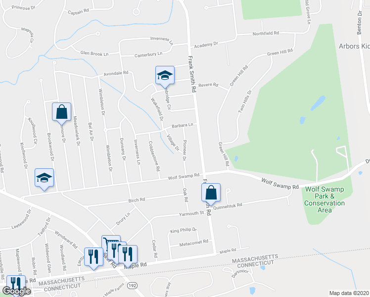 map of restaurants, bars, coffee shops, grocery stores, and more near 99 Pioneer Drive in Longmeadow