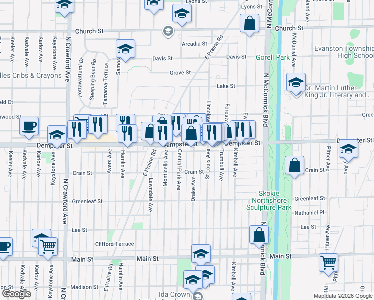 map of restaurants, bars, coffee shops, grocery stores, and more near 3531 Dempster Street in Skokie