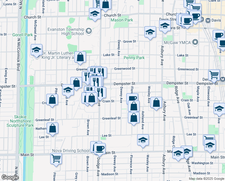 map of restaurants, bars, coffee shops, grocery stores, and more near 1229 Darrow Avenue in Evanston