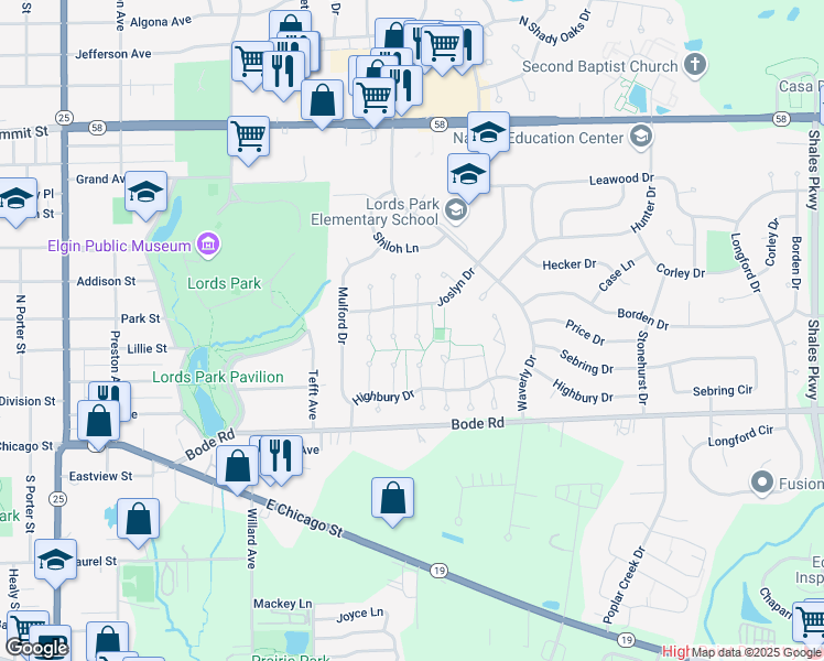 map of restaurants, bars, coffee shops, grocery stores, and more near 79 Joslyn Drive in Elgin