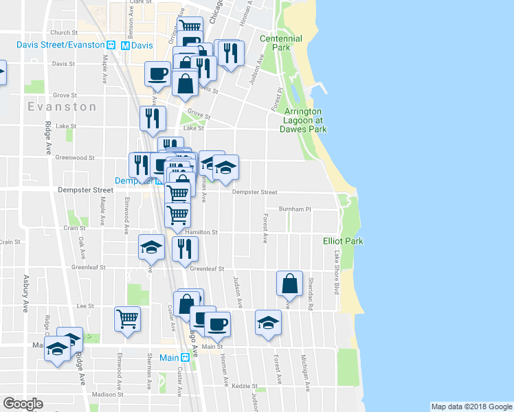 map of restaurants, bars, coffee shops, grocery stores, and more near 1232 Forest Avenue in Evanston