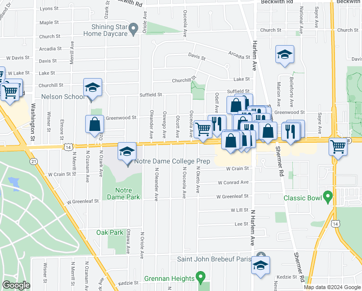 map of restaurants, bars, coffee shops, grocery stores, and more near 8760 North Osceola Avenue in Niles