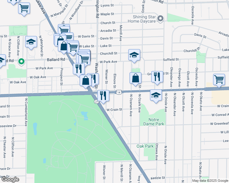 map of restaurants, bars, coffee shops, grocery stores, and more near 8800 Elmore Street in Niles