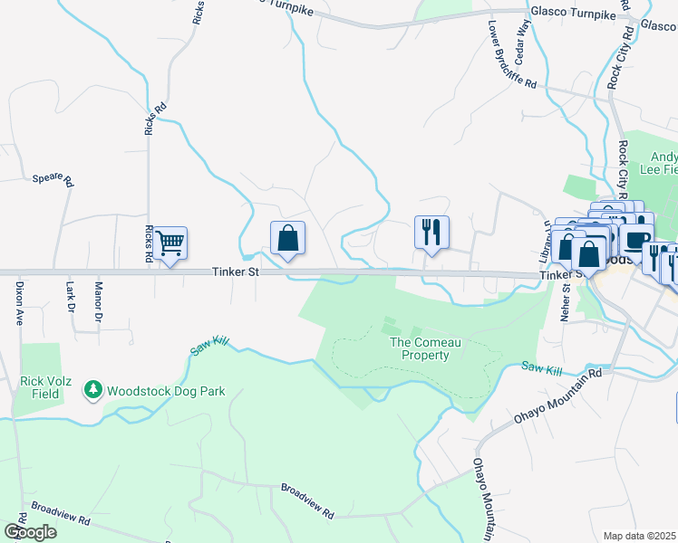 map of restaurants, bars, coffee shops, grocery stores, and more near 2 Schoonmaker Lane in Woodstock