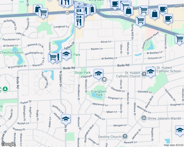 map of restaurants, bars, coffee shops, grocery stores, and more near 670 Flagstaff Lane in Hoffman Estates