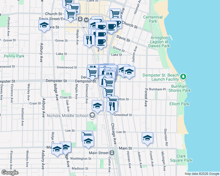 map of restaurants, bars, coffee shops, grocery stores, and more near 1233 Chicago Avenue in Evanston