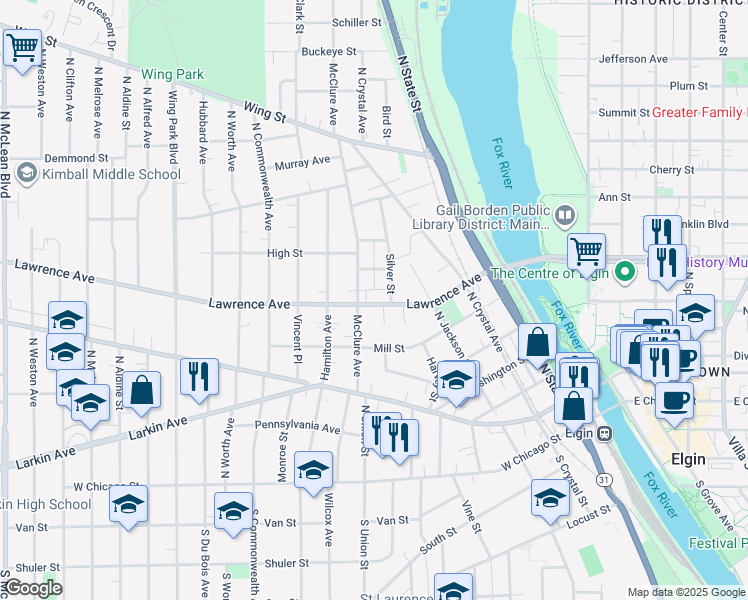 map of restaurants, bars, coffee shops, grocery stores, and more near 516 Lawrence Avenue in Elgin