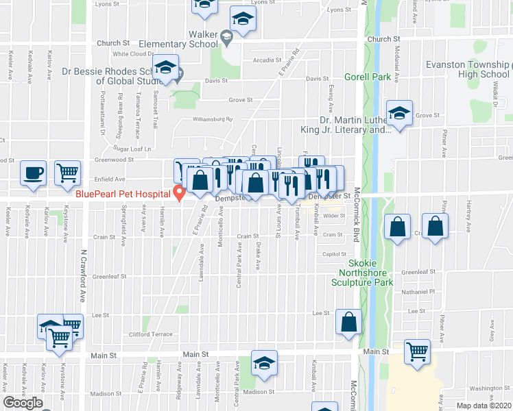 map of restaurants, bars, coffee shops, grocery stores, and more near 3531 Dempster Street in Skokie