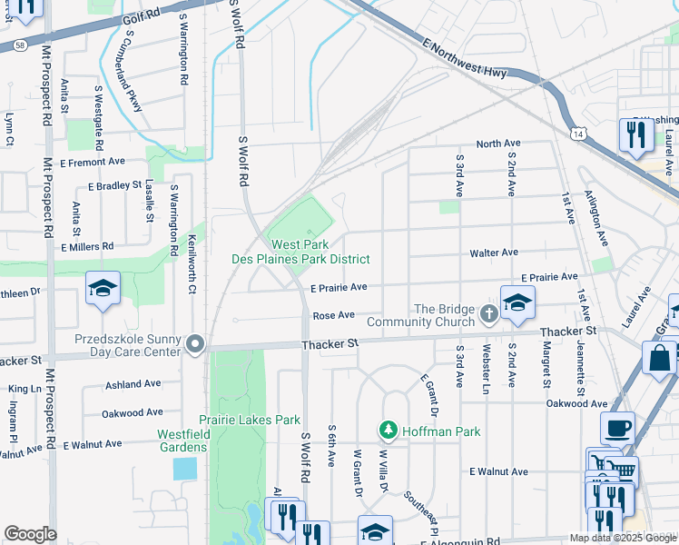 map of restaurants, bars, coffee shops, grocery stores, and more near 668 South 6th Avenue in Des Plaines