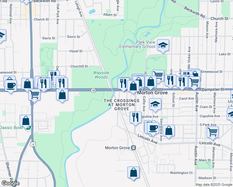 map of restaurants, bars, coffee shops, grocery stores, and more near 6433 Dempster Street in Morton Grove