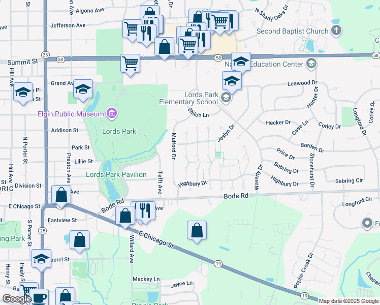 map of restaurants, bars, coffee shops, grocery stores, and more near 19 Joslyn Dr in Elgin