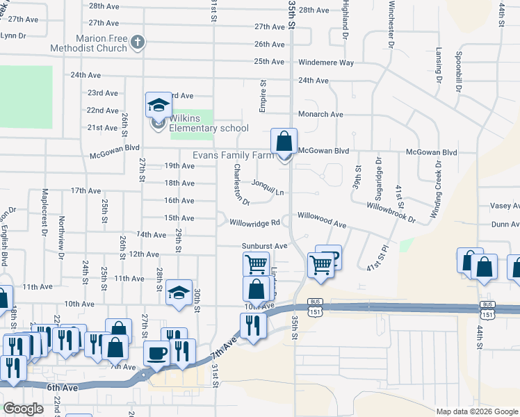 map of restaurants, bars, coffee shops, grocery stores, and more near 1591 Charleston Dr in Marion