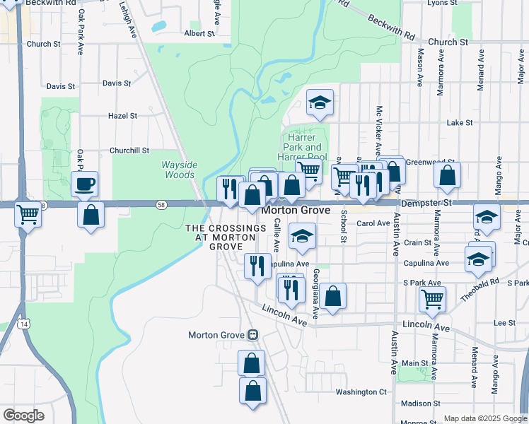 map of restaurants, bars, coffee shops, grocery stores, and more near 6323 Dempster Street in Morton Grove