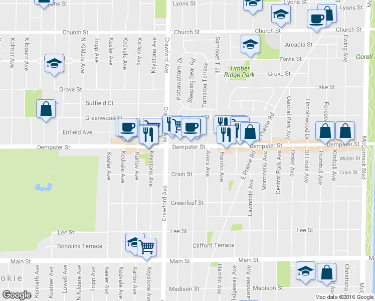 map of restaurants, bars, coffee shops, grocery stores, and more near 3911 Dempster St in Skokie