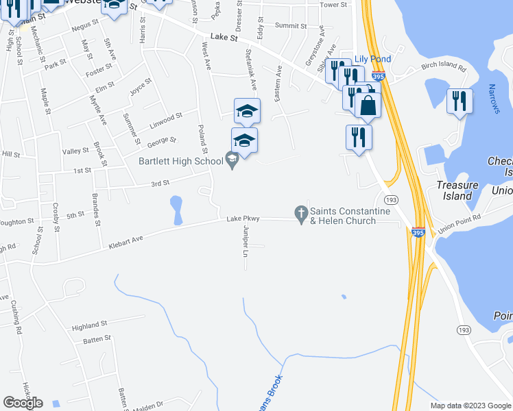 map of restaurants, bars, coffee shops, grocery stores, and more near 46R Lake Parkway in Webster
