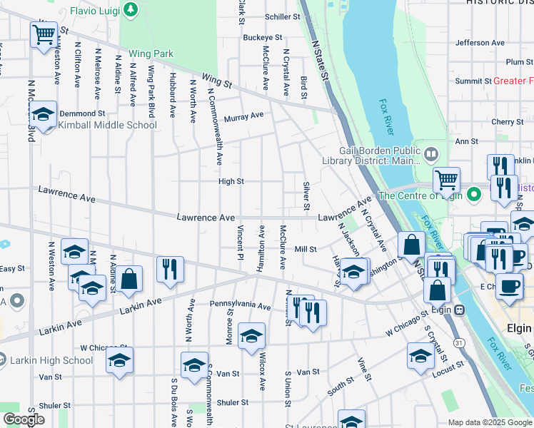 map of restaurants, bars, coffee shops, grocery stores, and more near 303 Hamilton Avenue in Elgin